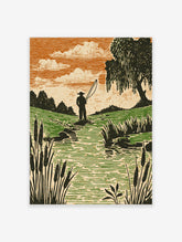 Woodcut style print of an angler fishing in a stream with green fields, orange sky, and cattails