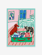 Painting of a brown dog and striped cat looking into an open green suitcase with clothes in a pink bedroom.