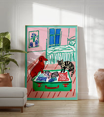 Painting of a brown dog and striped cat looking into an open green suitcase with clothes in a pink bedroom. - Image 3