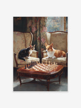 Whimsical animal chess art painting with a tabby cat and a corgi dog playing chess in a grand room.
