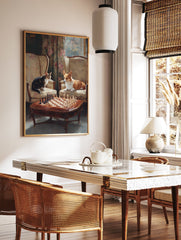 Whimsical animal chess art painting with a tabby cat and a corgi dog playing chess in a grand room. - Image 2