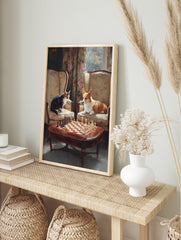 Whimsical animal chess art painting with a tabby cat and a corgi dog playing chess in a grand room. - Image 3