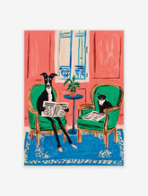 Illustrative animal wall art featuring a black and white dog and cat reading newspapers in green chairs against a pink wall.