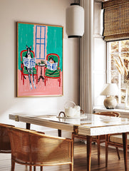 Whimsical animal wall art print depicting a black and white dog and cat reading newspapers in armchairs. - Image 2