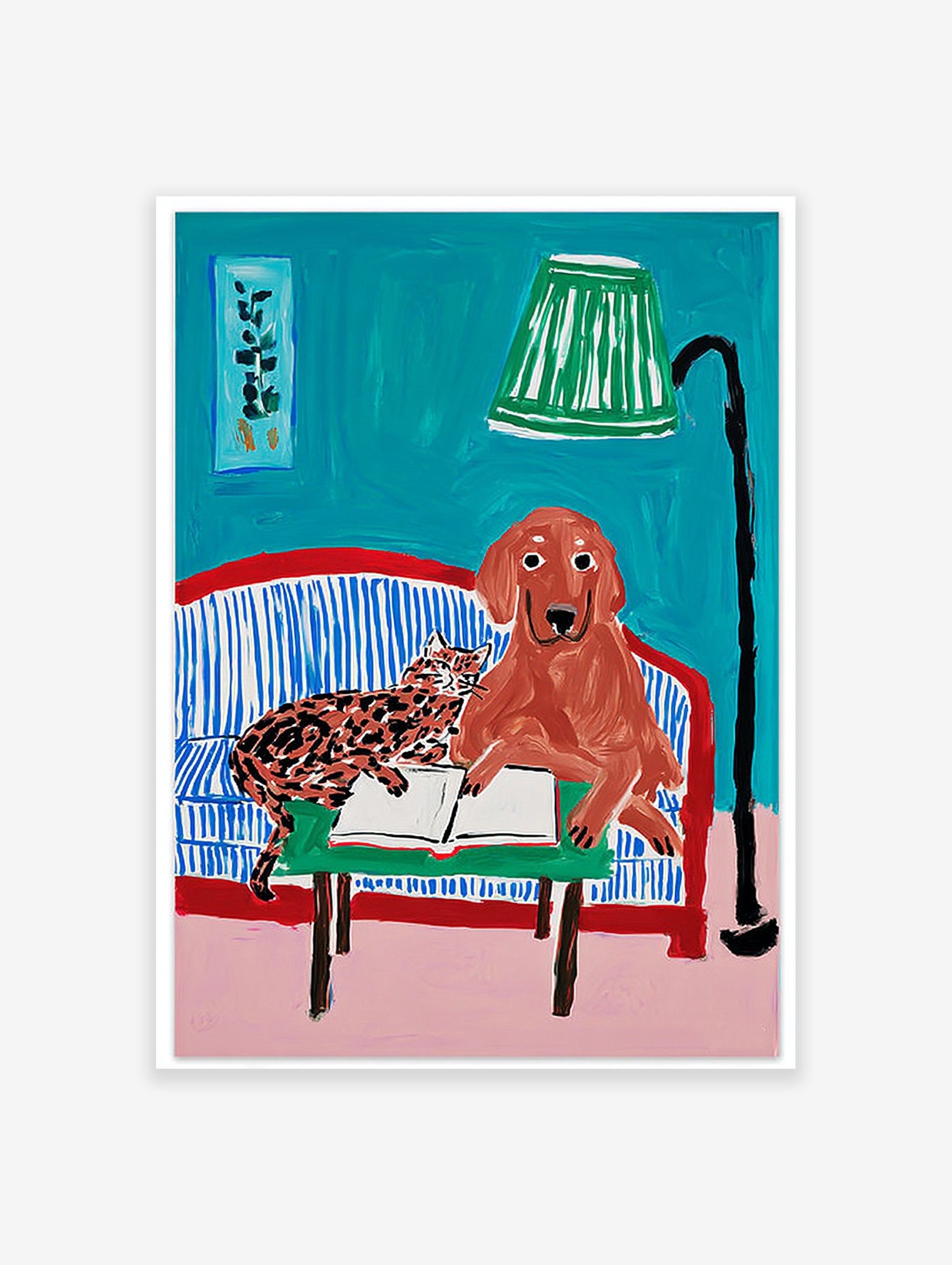 Illustrative animal wall art featuring a brown dog and a spotted cat reading a book on a blue striped couch with a green lamp.