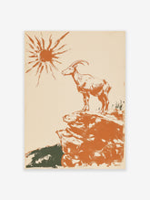 Orange illustrative print of a mountain goat on a rocky cliff under a stylized sun. Vintage animal wall art.