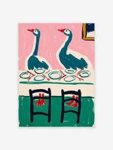 Painting of two teal geese with red beaks at a dinner table with plates, against a pink wall and green floor. Whimsical goose art.