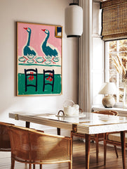 Painting of two teal geese with red beaks at a dinner table with plates, against a pink wall and green floor. Whimsical goose art. - Image 2