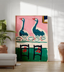 Painting of two teal geese with red beaks at a dinner table with plates, against a pink wall and green floor. Whimsical goose art. - Image 3