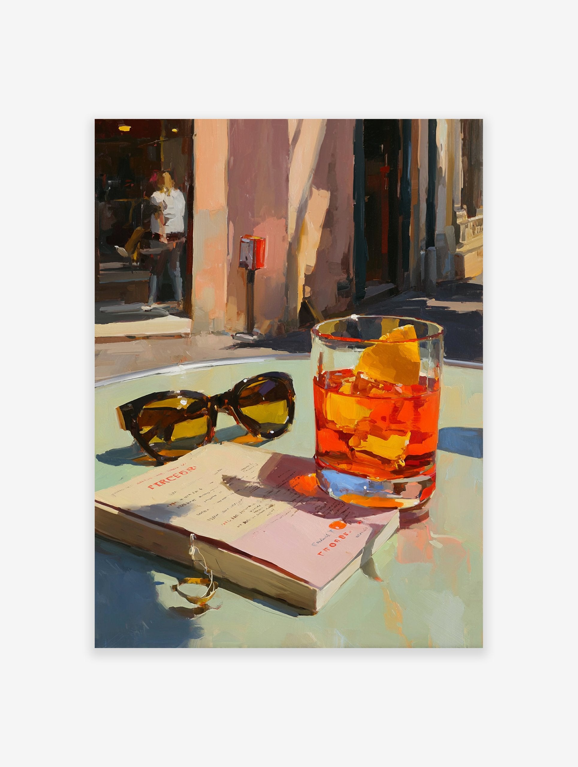 Impressionist cocktail poster showing an orange drink with ice, sunglasses, and a book on a table in a sunny street scene.