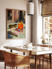 Impressionist cocktail poster showing an orange drink with ice, sunglasses, and a book on a table in a sunny street scene. - Image 2