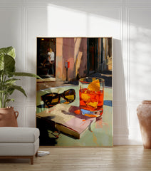 Impressionist cocktail poster showing an orange drink with ice, sunglasses, and a book on a table in a sunny street scene. - Image 3