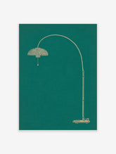 Minimalist line art illustration of an arched floor lamp in light beige on a deep teal background