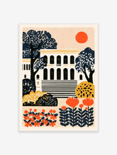 Illustrative art print of a grand building with arches, staircase, trees, flowers, and an orange sun on a cream background