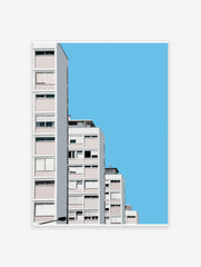 Minimalist architectural wall art of modern white and pink apartment buildings against a clear blue sky
