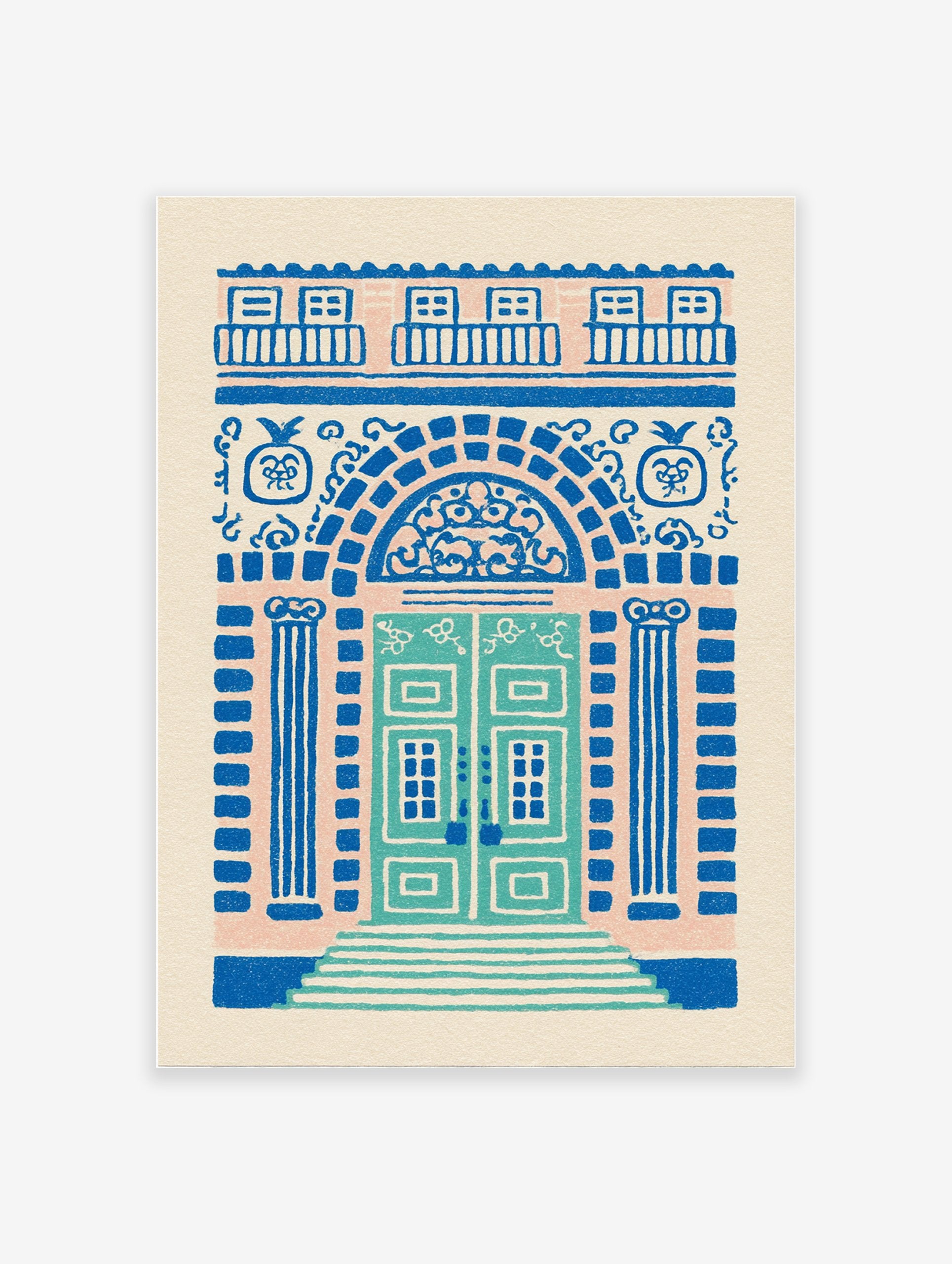 Ornate blue and pink architectural wall art illustration of a decorative building door with pillars, archway, and balconies.