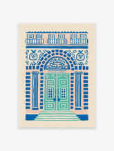 Ornate blue and pink architectural wall art illustration of a decorative building door with pillars, archway, and balconies.