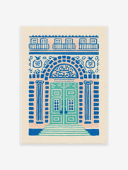 Ornate blue and pink architectural wall art illustration of a decorative building door with pillars, archway, and balconies.