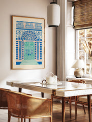 Ornate blue and pink architectural wall art illustration of a decorative building door with pillars, archway, and balconies. - Image 2