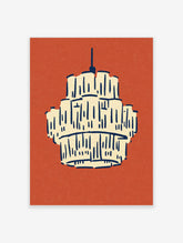 Illustrated architecture print of a tiered building with vertical lines on red background