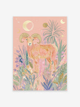 Aries Ram poster illustration with a golden ram surrounded by pink and green botanical elements and celestial moons and stars.