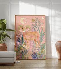Aries Ram poster illustration with a golden ram surrounded by pink and green botanical elements and celestial moons and stars. - Image 3