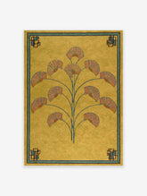 Art Deco botanical fan poster with stylized orange and blue fan flowers on a yellow background and geometric border.