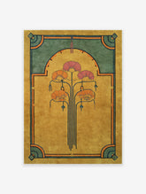Art Deco floral rug in gold, green, and orange with stylized flower design and geometric border.