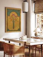 Art Deco floral rug in gold, green, and orange with stylized flower design and geometric border. - Image 2