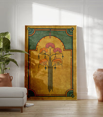Art Deco floral rug in gold, green, and orange with stylized flower design and geometric border. - Image 3