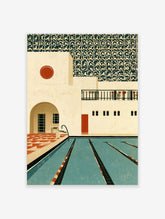 Art Deco lido pool poster with cream building, red circle, patterned tiles and blue swimming lanes