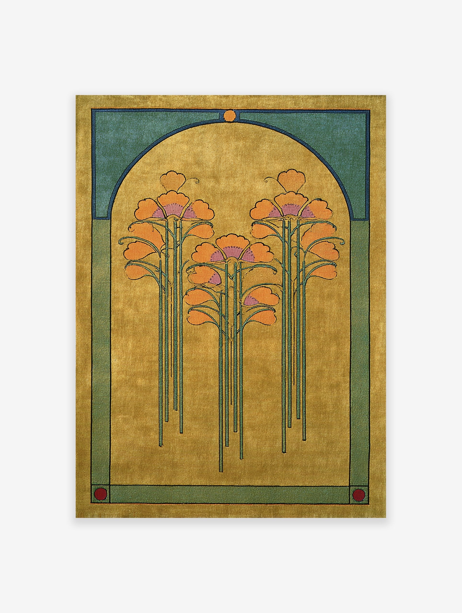 Art Nouveau botanical poster featuring stylized orange flowers in a golden yellow archway with teal borders.