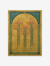 Art Nouveau botanical poster featuring stylized orange flowers in a golden yellow archway with teal borders.
