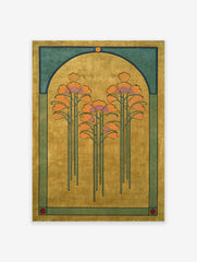 Art Nouveau botanical poster featuring stylized orange flowers in a golden yellow archway with teal borders.