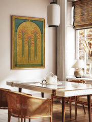 Art Nouveau botanical poster featuring stylized orange flowers in a golden yellow archway with teal borders. - Image 2