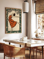 Art Nouveau dancer in terracotta dress, arms outstretched, framed by white and green floral border, in a styled room mockup