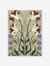 Art Nouveau lily poster with cream and purple flowers, blue orchids, and swirling green foliage