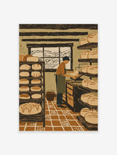 Artisan bakery poster with baker arranging bread loaves on wooden shelves, window view of fields, rustic kitchen wall art