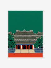 Asian architecture wall art print of a traditional green and red temple with intricate roof details and trees.