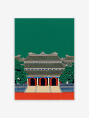 Asian architecture wall art print of a traditional green and red temple with intricate roof details and trees.