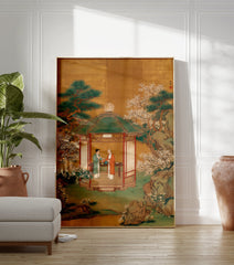 Asian art poster showing two figures in a pavilion with pine trees, white blossoms, and a gold background, depicting a tea ceremony. - Image 3