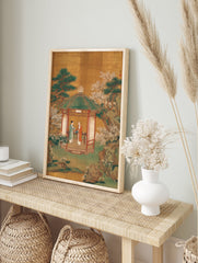 Asian art poster showing two figures in a pavilion with pine trees, white blossoms, and a gold background, depicting a tea ceremony. - Image 4