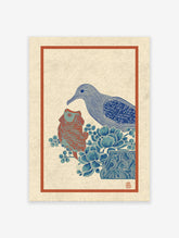 Asian illustrative wall art print depicting a blue bird, a red fish, and blue floral motifs in a decorative pot.