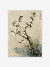 Asian bird and floral wall art print with two birds on a blossoming tree branch over a pond.