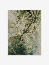 Asian botanical wall art featuring a branch with white flowers and green leaves over water with reflections and calligraphy.