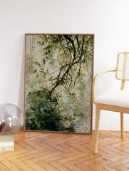 Asian botanical wall art featuring a branch with white flowers and green leaves over water with reflections and calligraphy. - Image 2