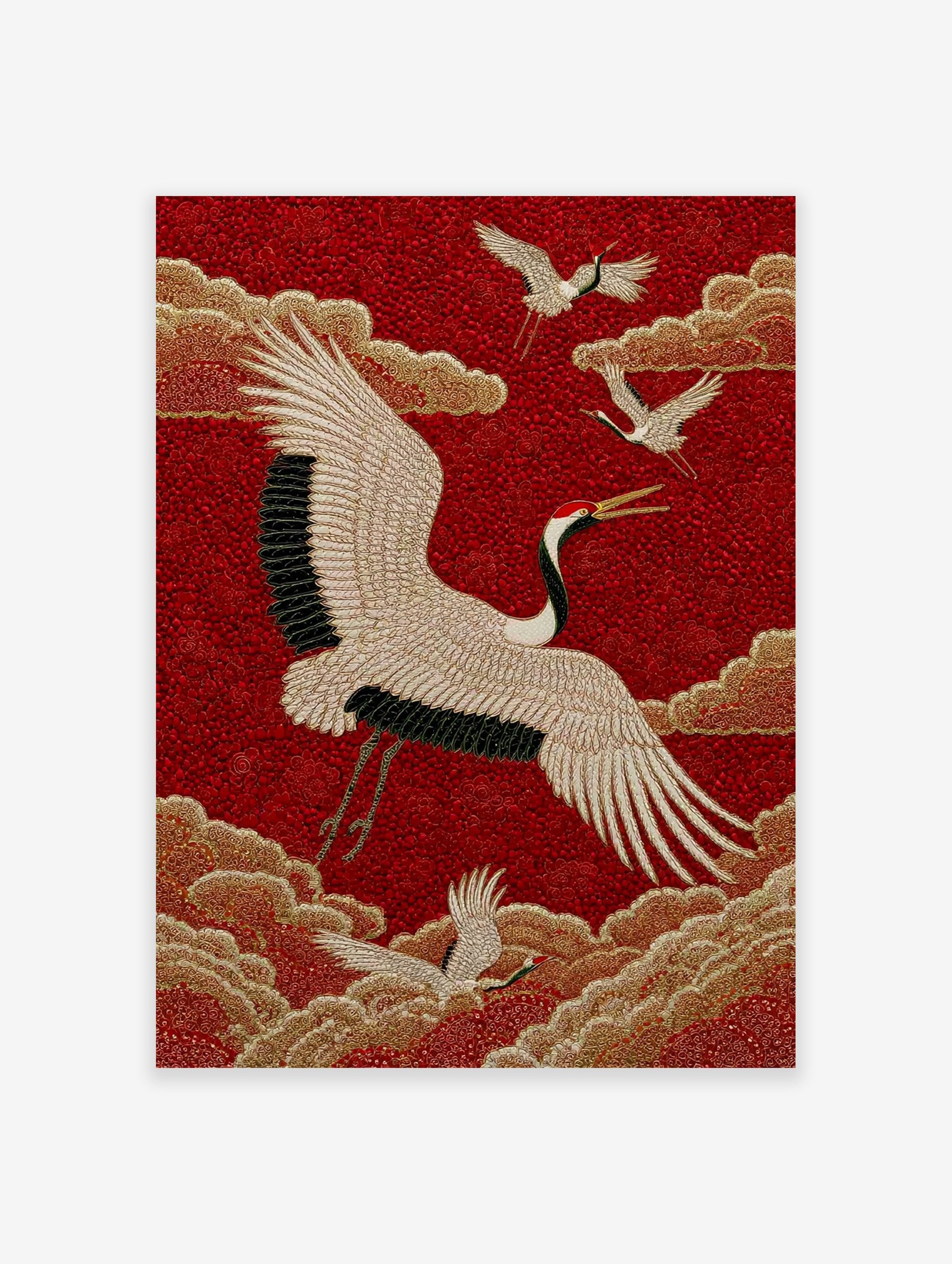 Asian Crane Poster with white cranes, golden clouds, and a red textured background in an embroidery style.