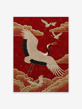 Asian Crane Poster with white cranes, golden clouds, and a red textured background in an embroidery style.