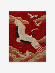 Asian Crane Poster with white cranes, golden clouds, and a red textured background in an embroidery style.