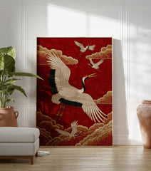 Asian Crane Poster with white cranes, golden clouds, and a red textured background in an embroidery style. - Image 3
